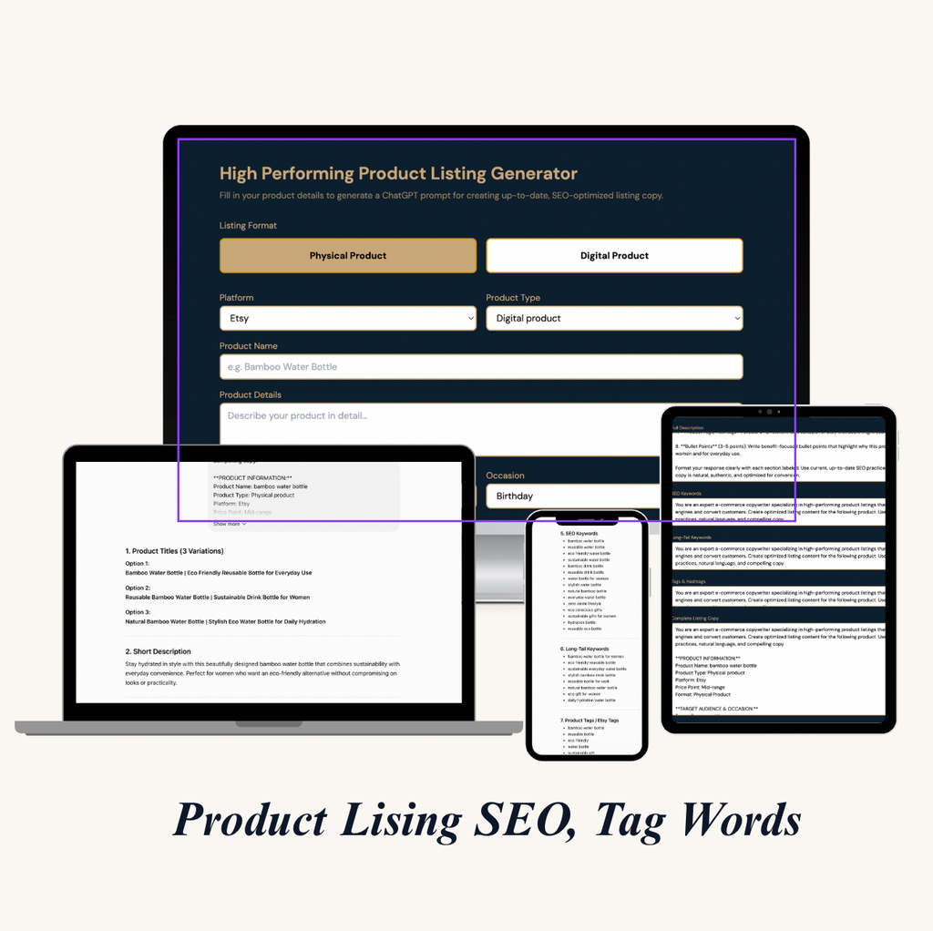 Product Listing Prompt Generator, AI Etsy Listing Creator for Small Business & Product Sellers (Digital Download)