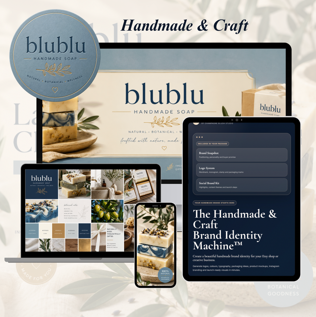 Handmade Brand Identity Kit, Etsy Glow Up, AI Logo & Packaging Prompts (Digital Download)